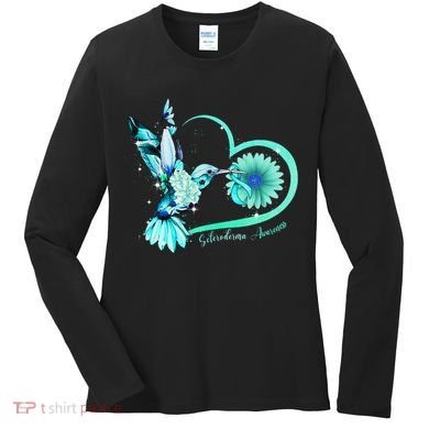 Hummingbird Sunflower Teal Ribbon Scleroderma Awareness Women's Long Sleeve Shirt