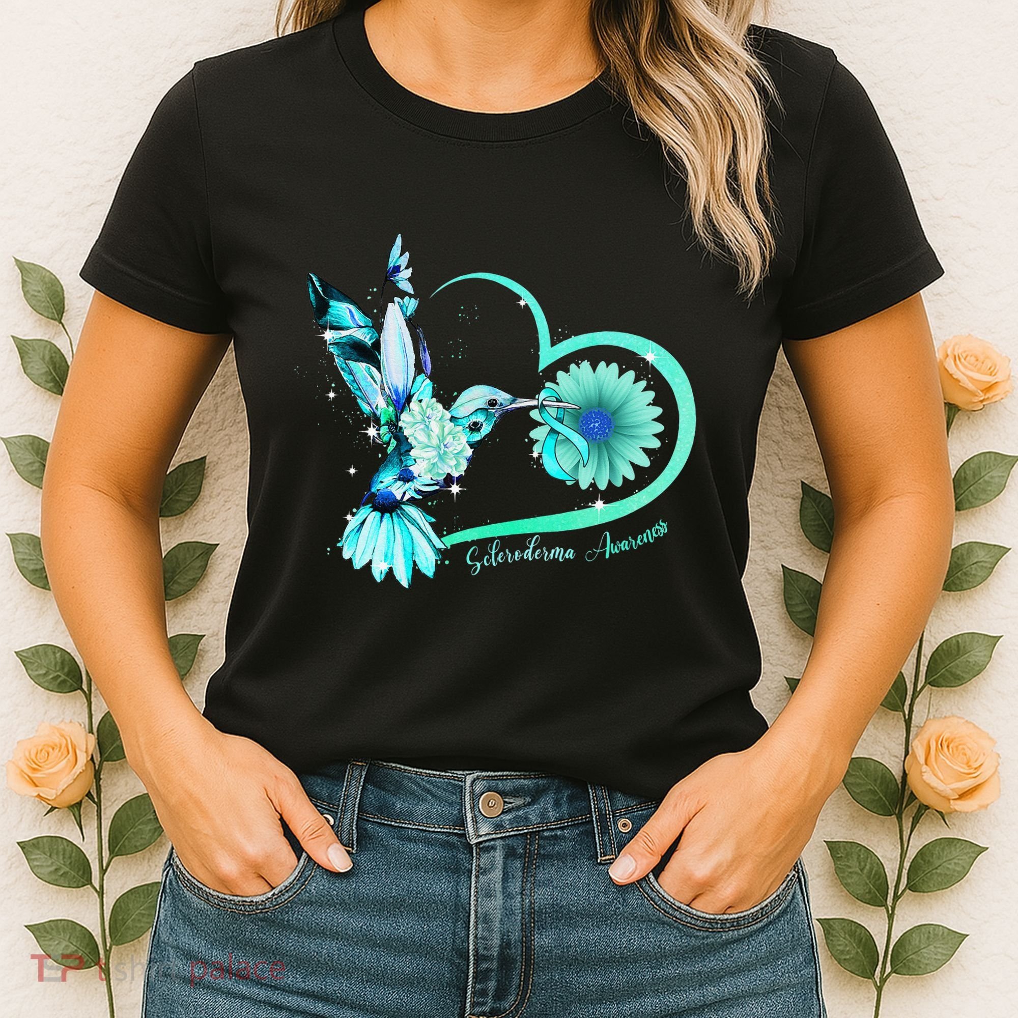 Hummingbird Sunflower Teal Ribbon Scleroderma Awareness Women's T-Shirt