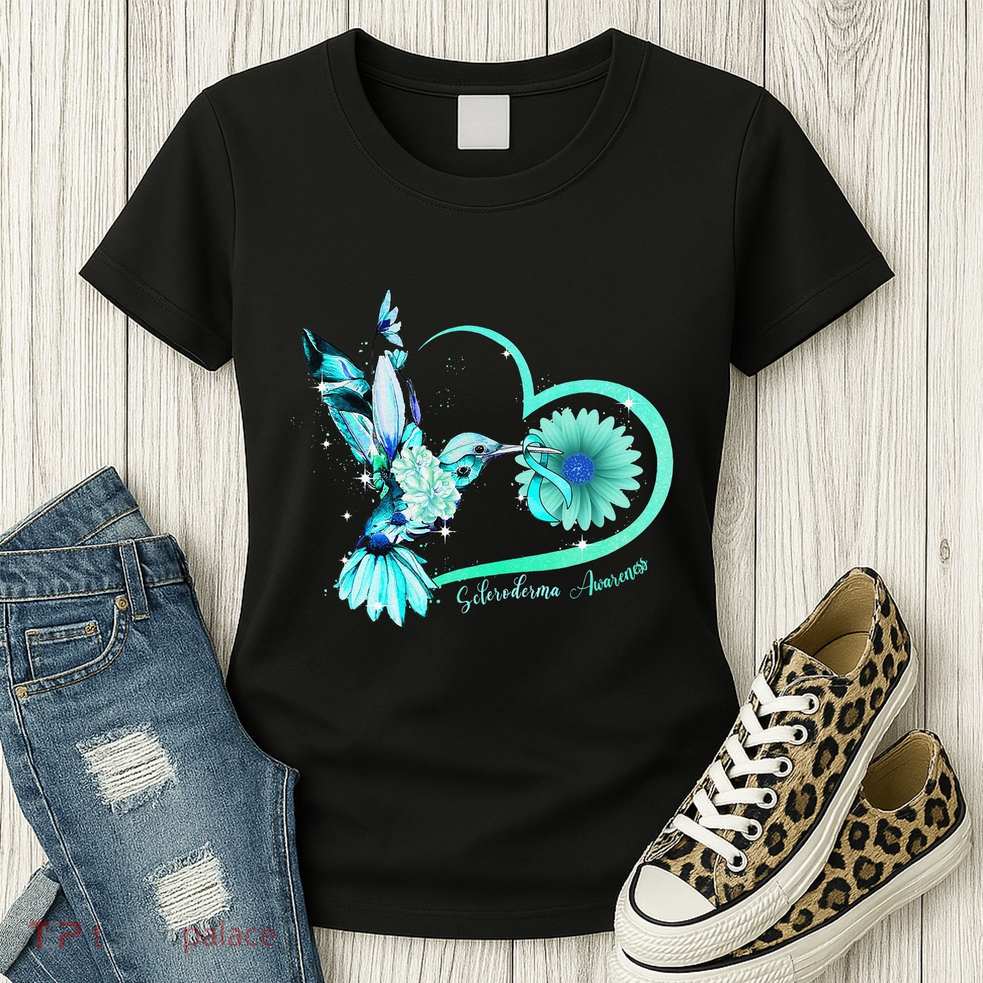 Hummingbird Sunflower Teal Ribbon Scleroderma Awareness Women's T-Shirt