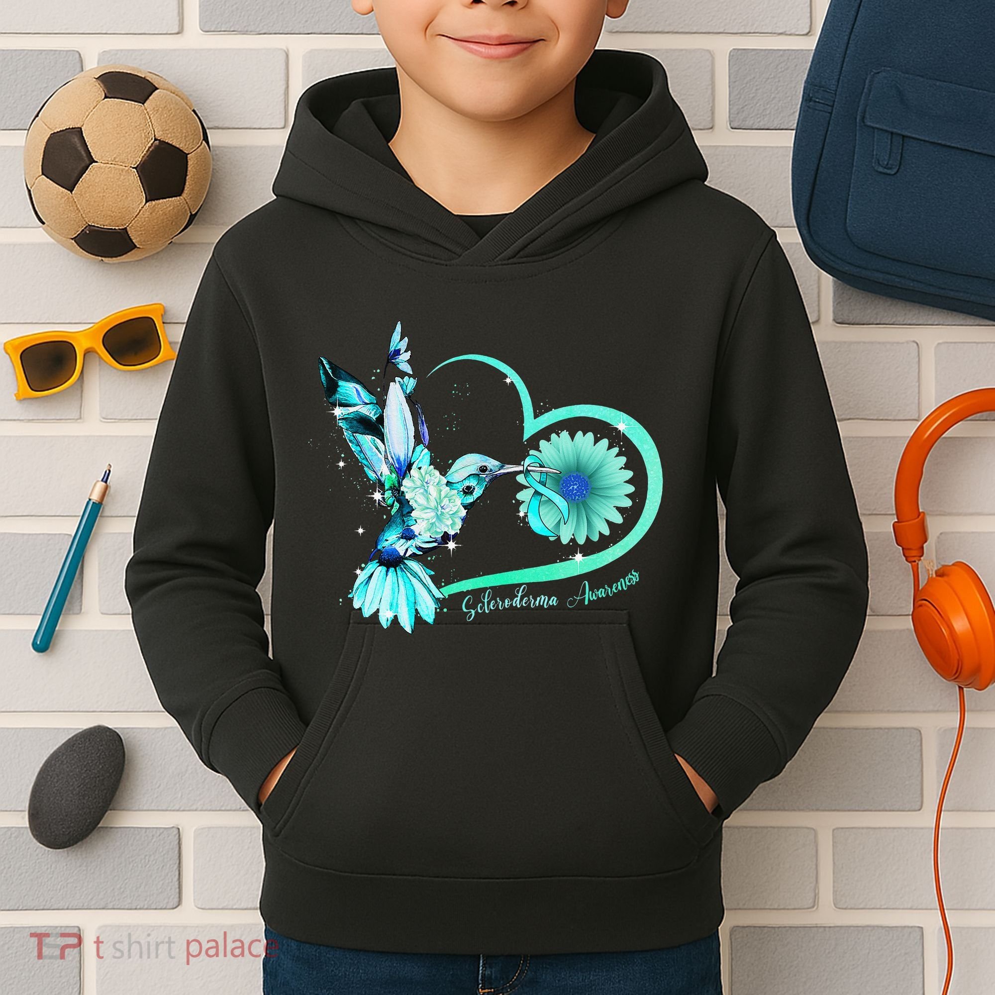Hummingbird Sunflower Teal Ribbon Scleroderma Awareness Kids Hoodie