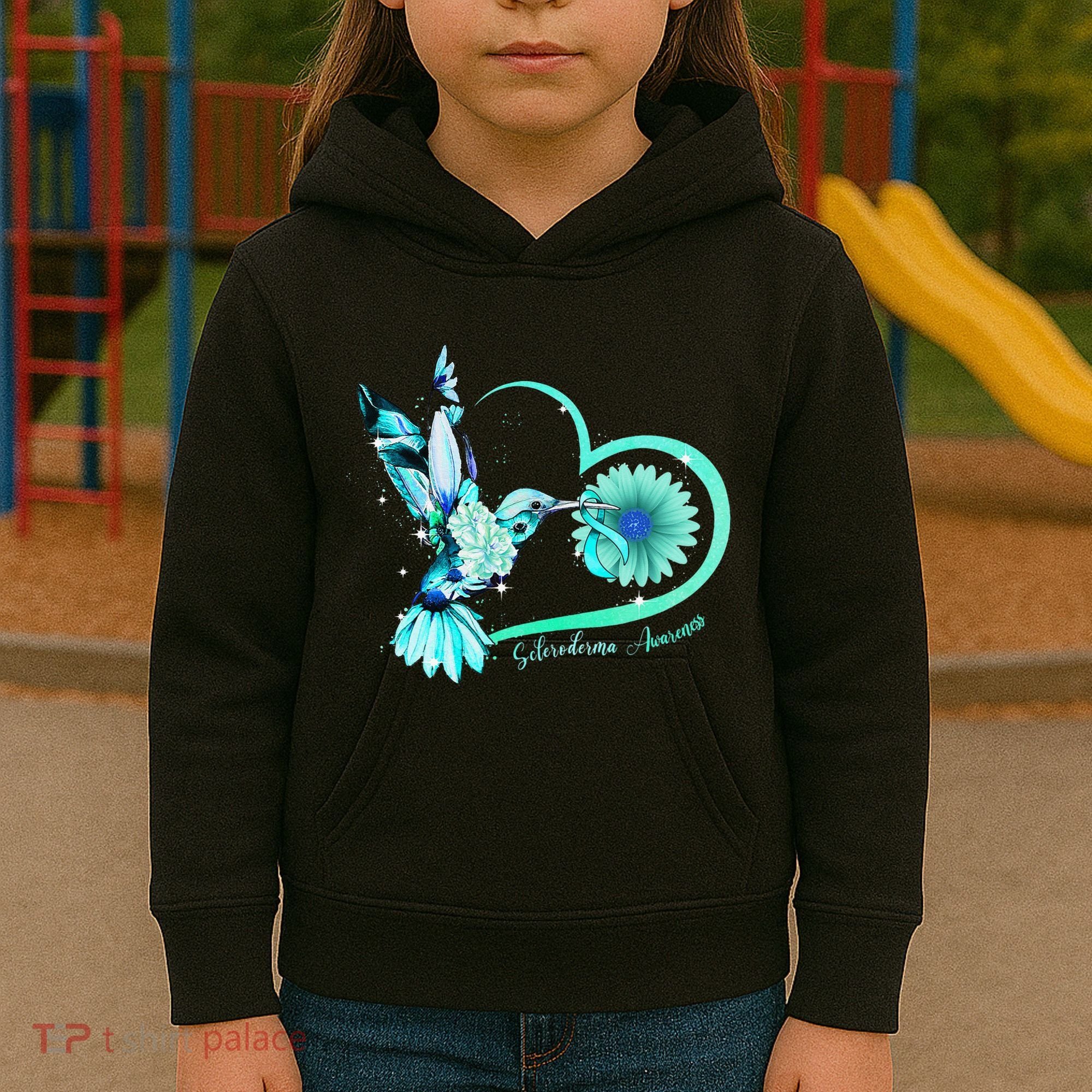 Hummingbird Sunflower Teal Ribbon Scleroderma Awareness Kids Hoodie