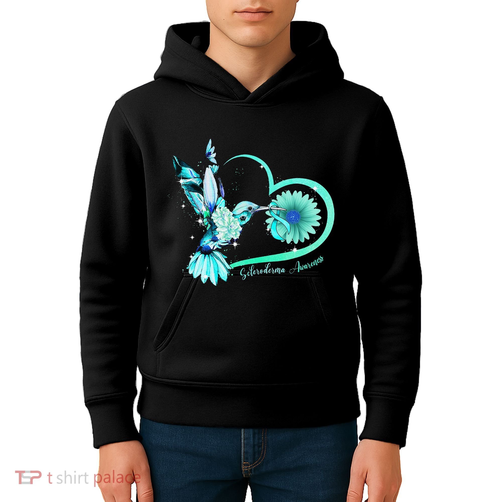 Hummingbird Sunflower Teal Ribbon Scleroderma Awareness Kids Hoodie