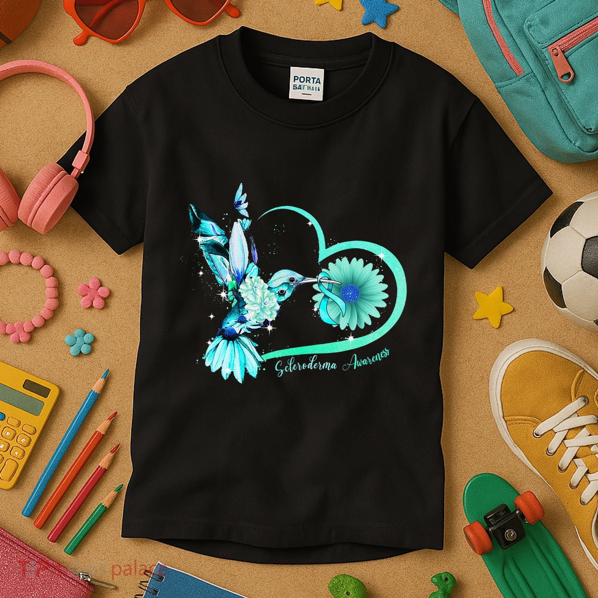 Hummingbird Sunflower Teal Ribbon Scleroderma Awareness Kids T-Shirt