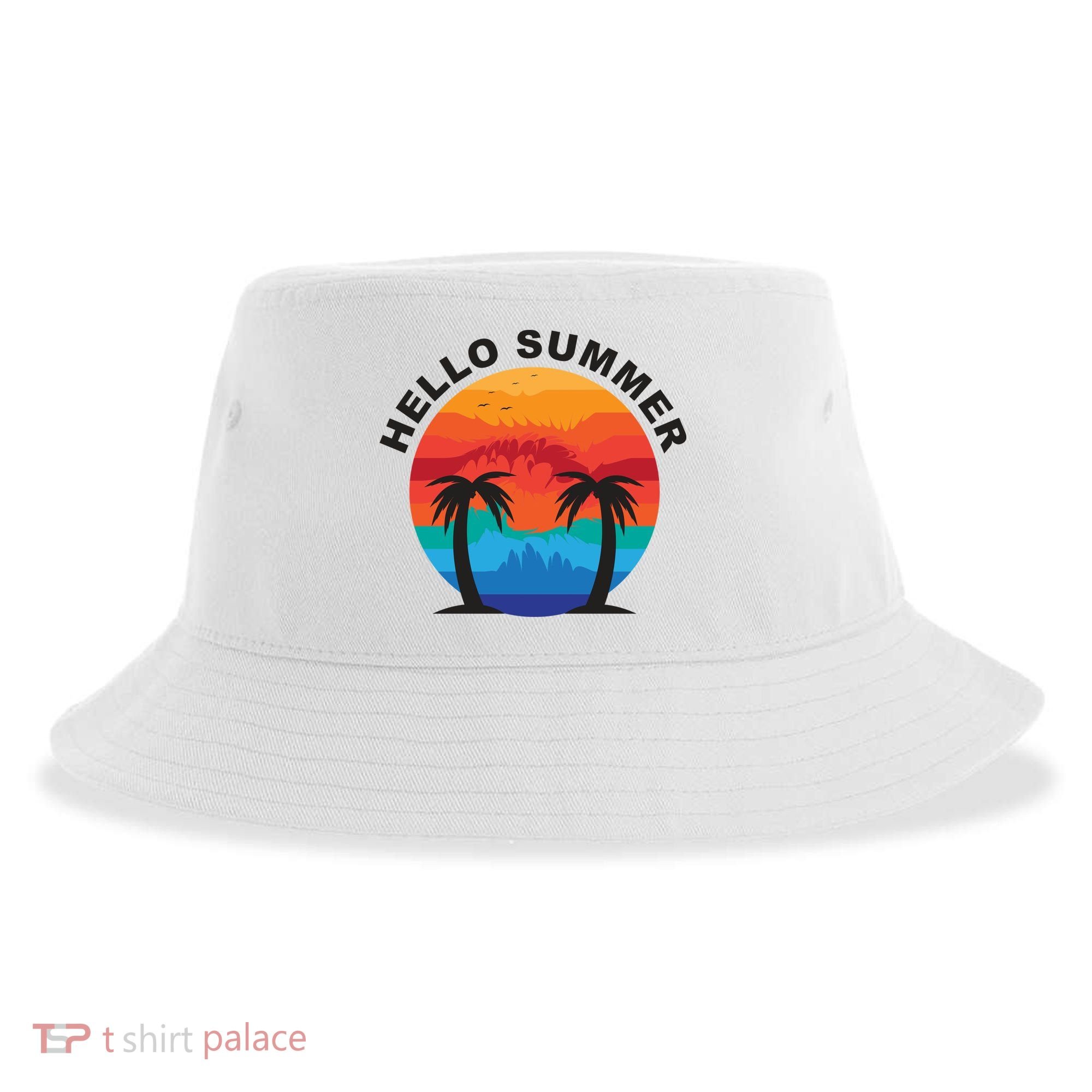 Hello Summer Tropical Sunset Beach Sustainable Bucket Hat