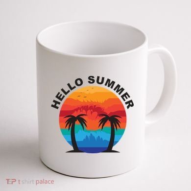 Hello Summer Tropical Sunset Beach Coffee Mug back