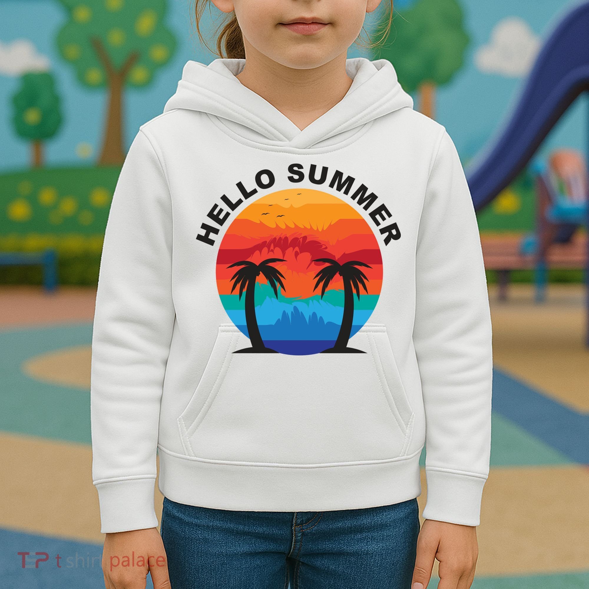 Hello Summer Tropical Sunset Beach Kids Hoodie