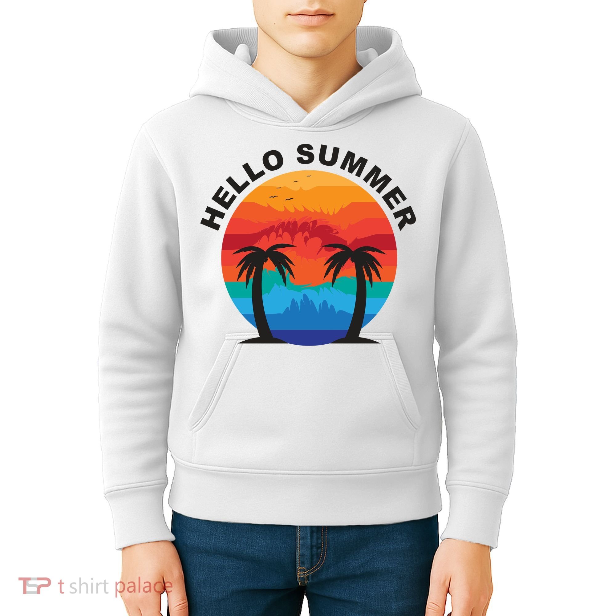 Hello Summer Tropical Sunset Beach Kids Hoodie