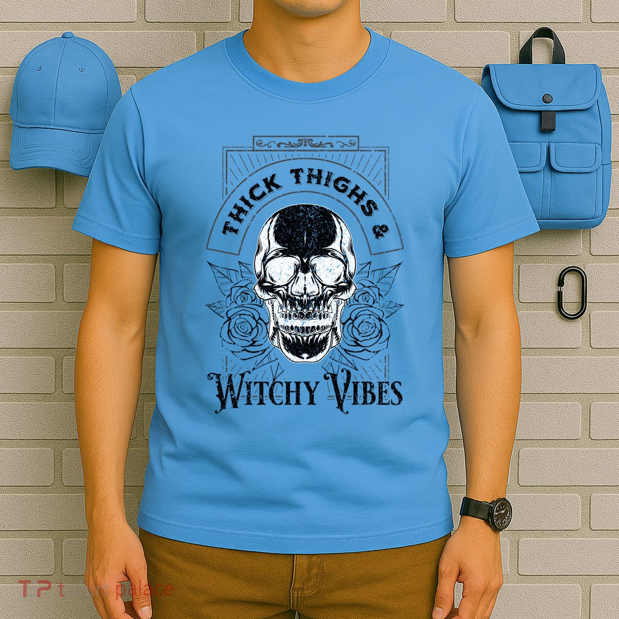 Halloween Skull Tarot Card Thick Thighs And Witchy Vibes Gift T-Shirt
