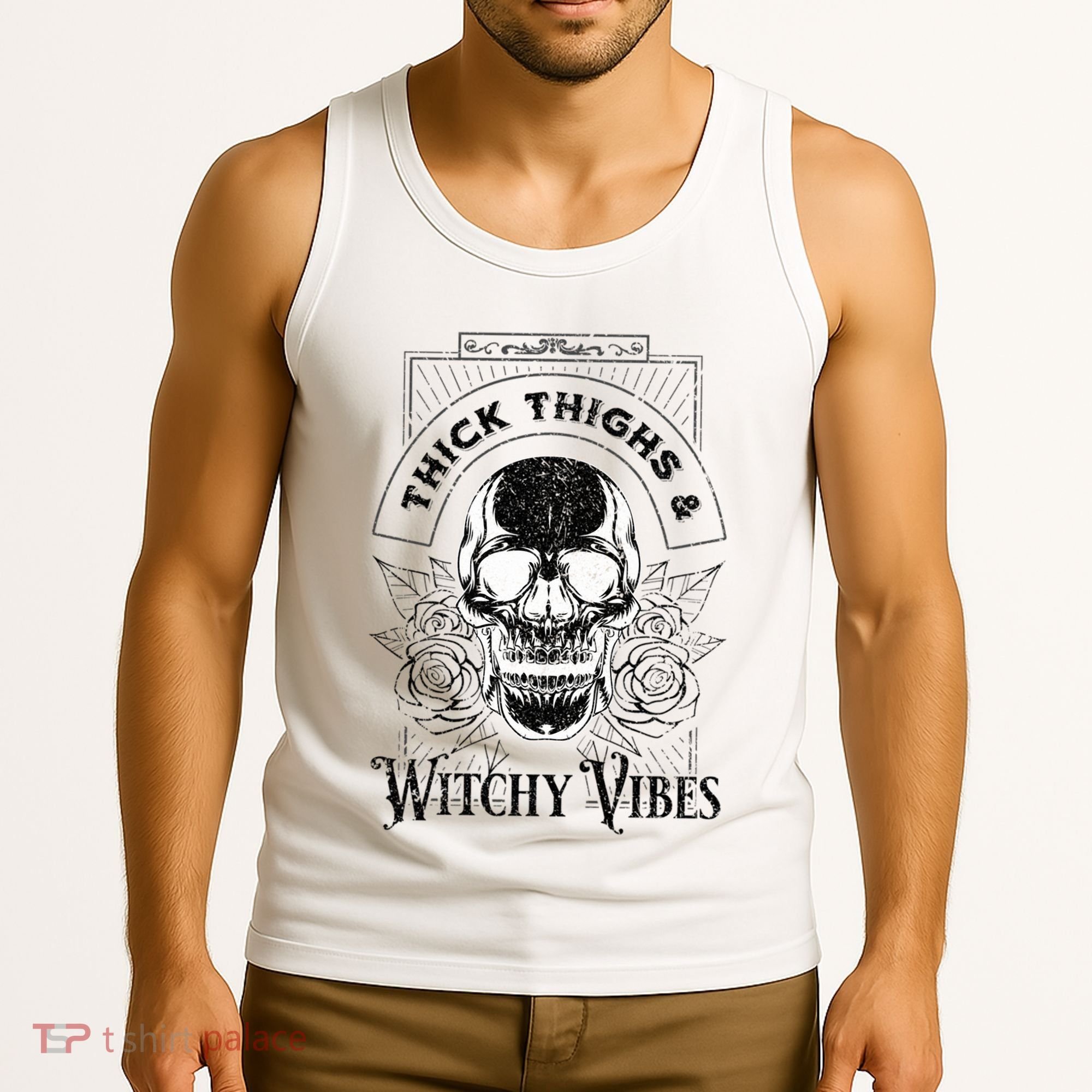Halloween Skull Tarot Card Thick Thighs And Witchy Vibes Gift Tank Top