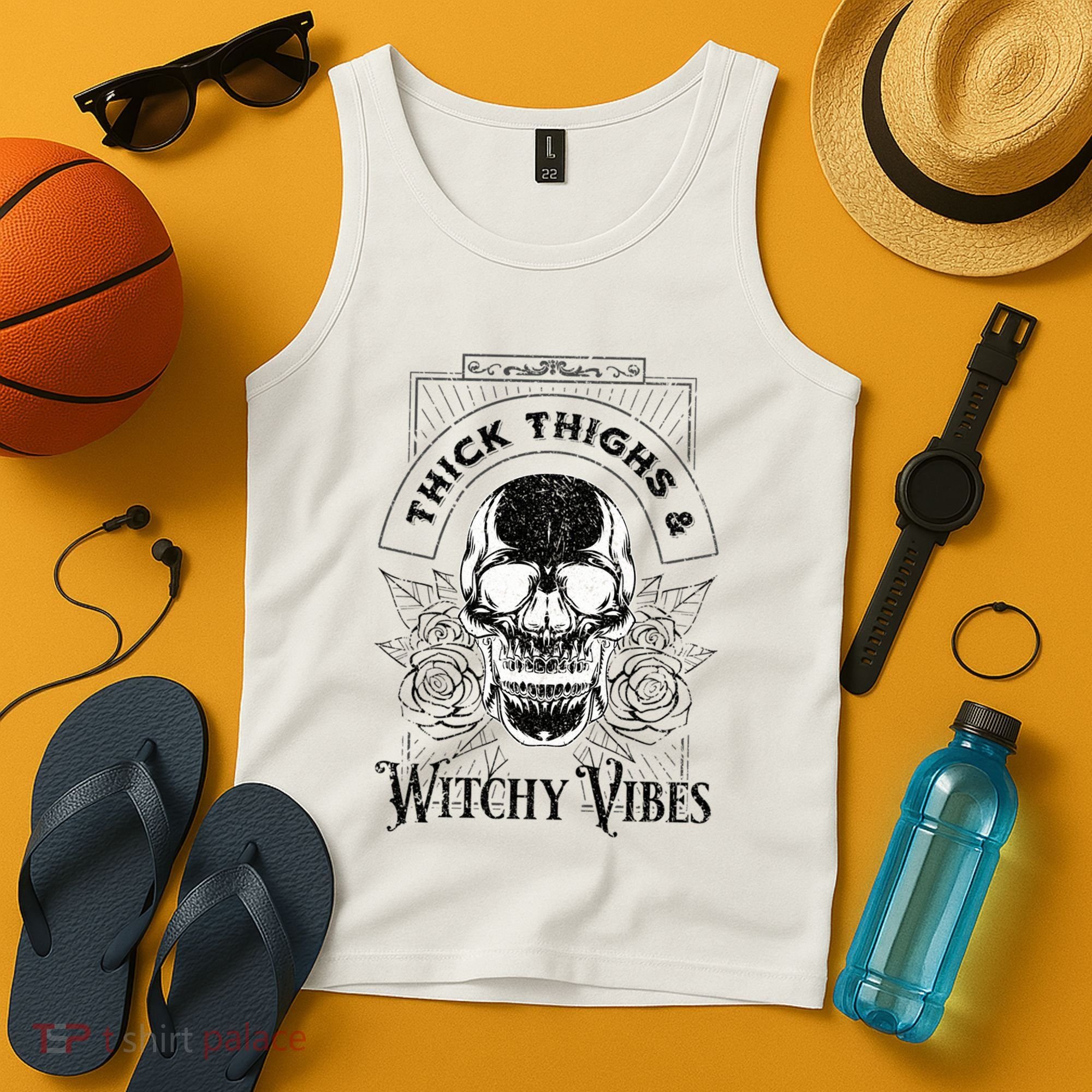 Halloween Skull Tarot Card Thick Thighs And Witchy Vibes Gift Tank Top