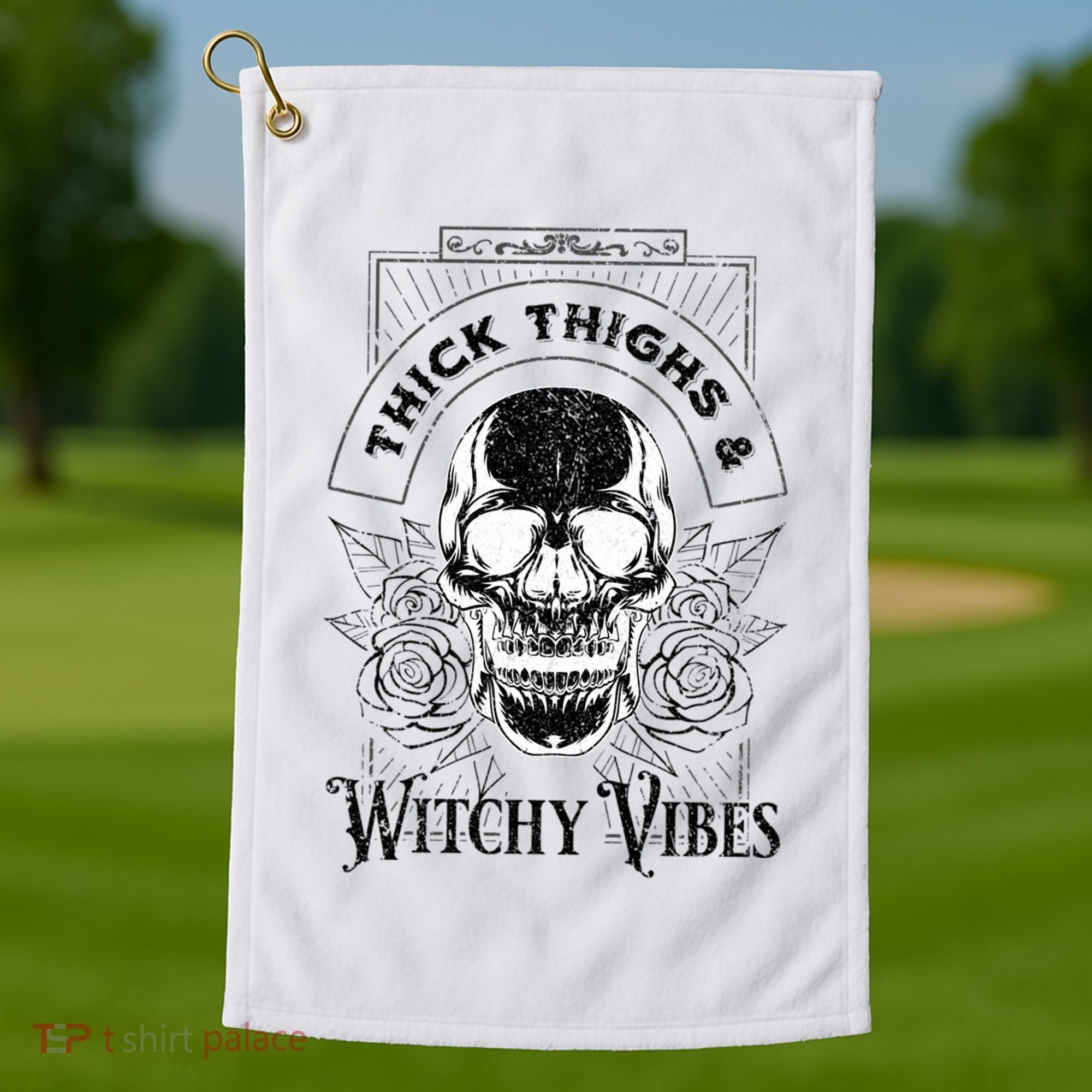 Halloween Skull Tarot Card Thick Thighs And Witchy Vibes Gift Golf Towel