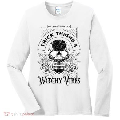 Halloween Skull Tarot Card Thick Thighs And Witchy Vibes Gift Women's Long Sleeve Shirt