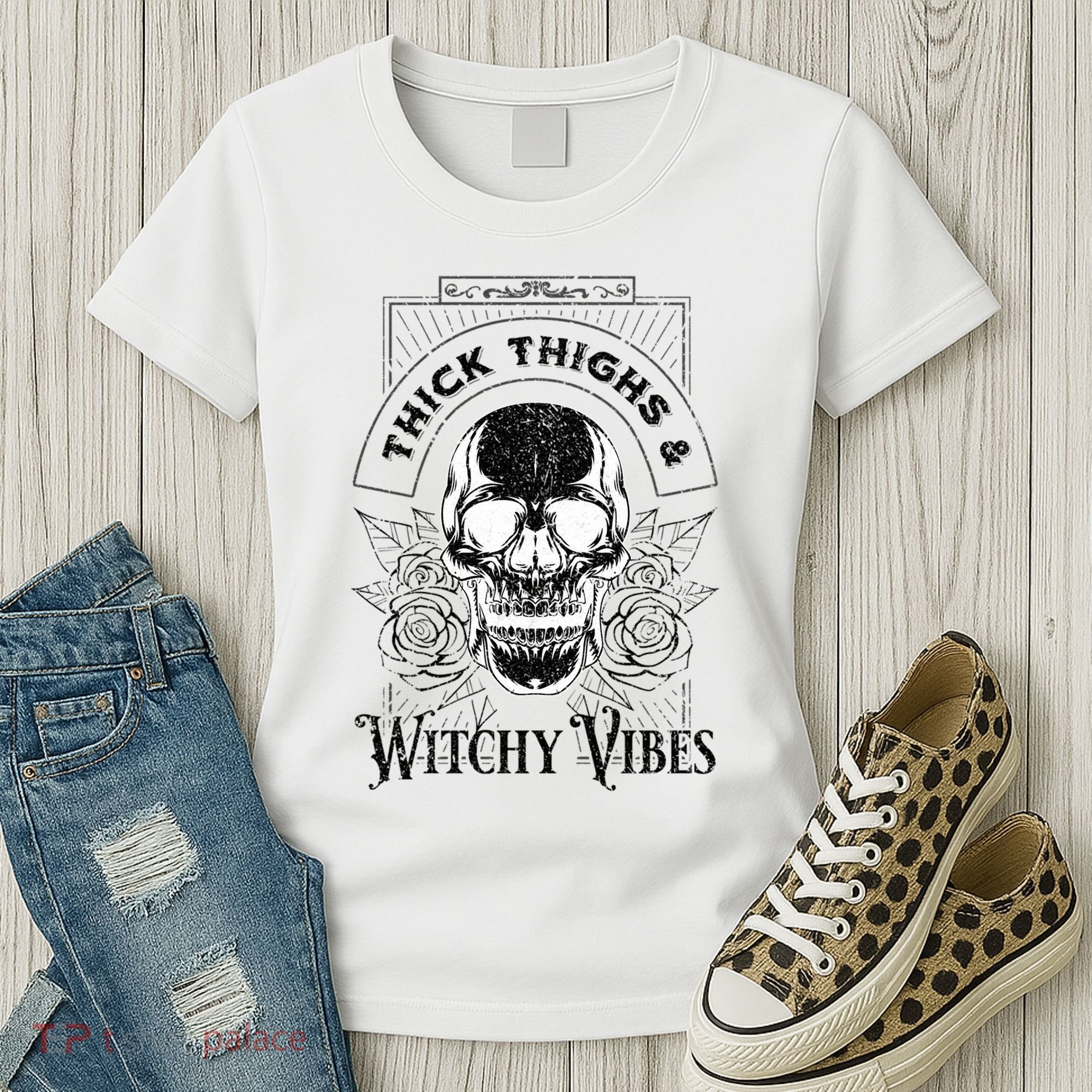Halloween Skull Tarot Card Thick Thighs And Witchy Vibes Gift Women's T-Shirt