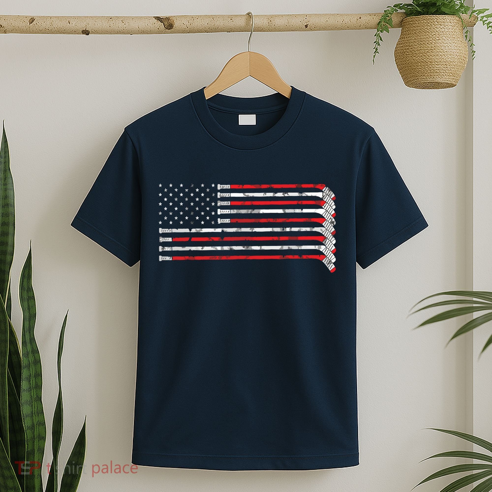 Hockey Stick USA Flag Faded Hockey Player T-Shirt