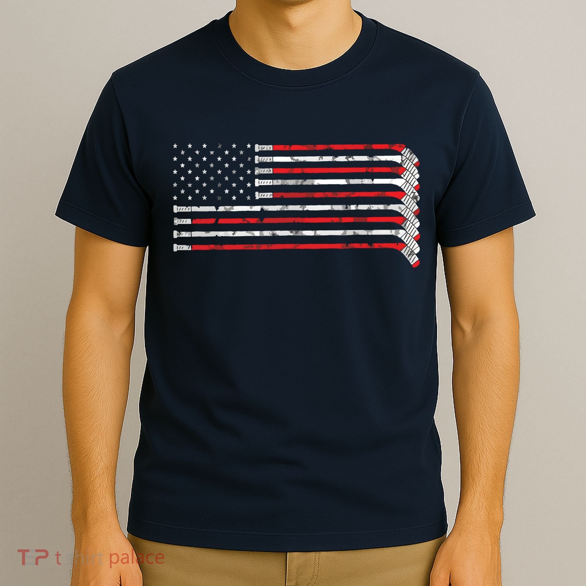 Hockey Stick USA Flag Faded Hockey Player T-Shirt