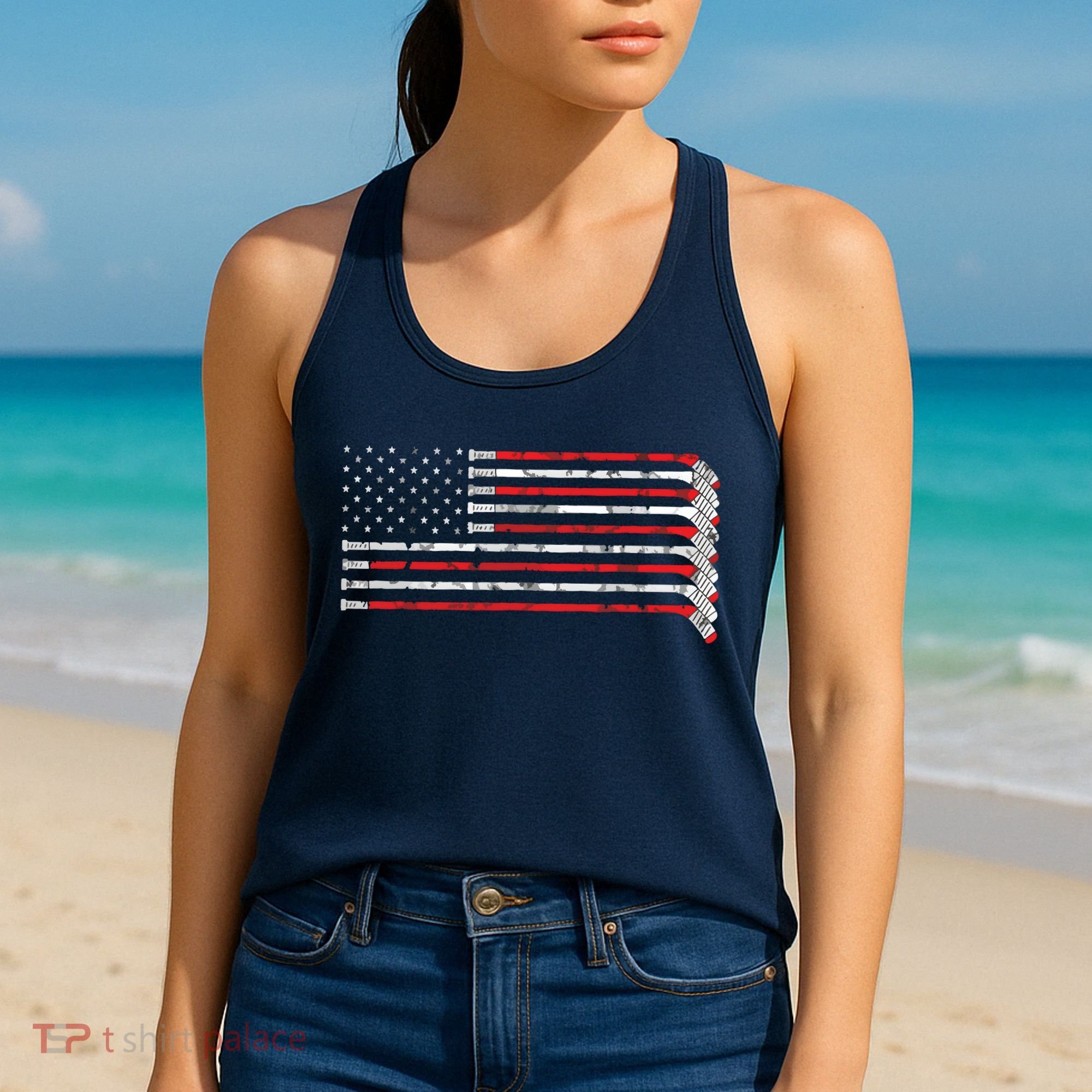 Hockey Stick USA Flag Faded Hockey Player Women's Tank Top