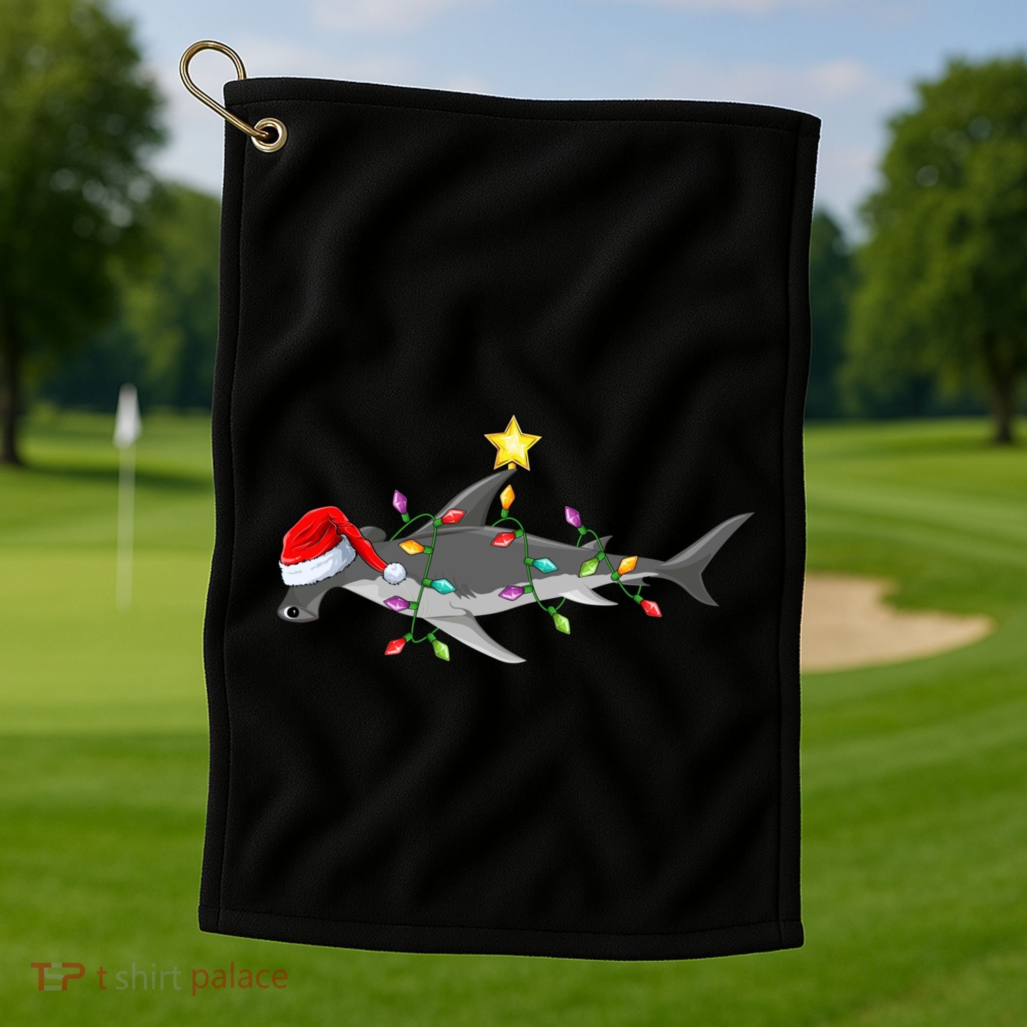 Hammerhead Shark Xmas Tree Lighting Santa Shark Christmas Gift Golf Towel