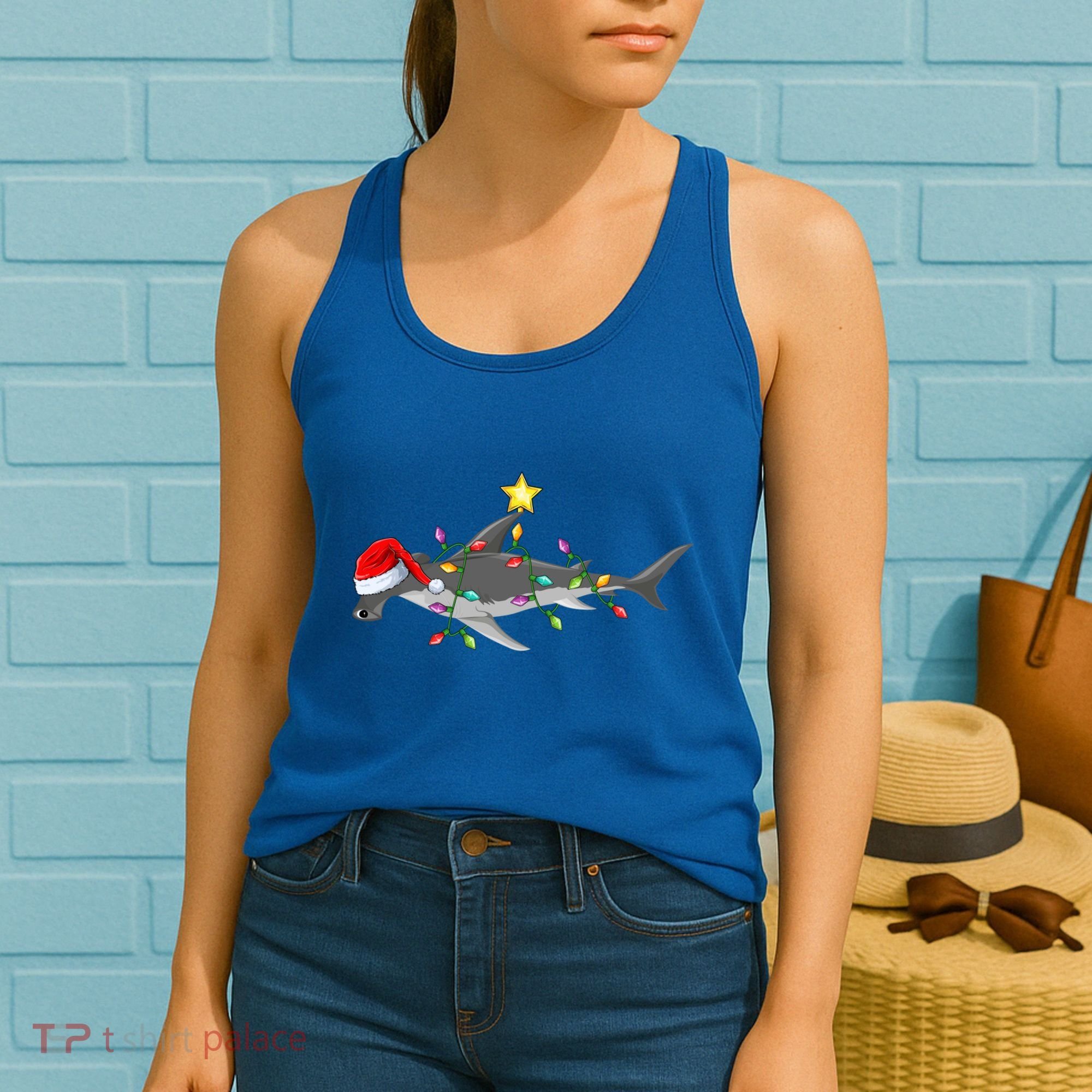 Hammerhead Shark Xmas Tree Lighting Santa Shark Christmas Gift Women's Tank Top