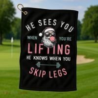 He Sees You When YouRe Lifting Skip Legs Santa Christmas Golf Towel thumb 1