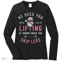 He Sees You When YouRe Lifting Skip Legs Santa Christmas Women's Long Sleeve Shirt thumb 0