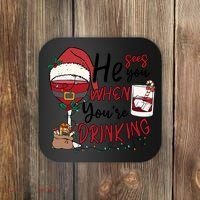He Sees You When You're Drinking Funny Santa Hat Christmas Lights Coaster thumb 0