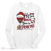 He Sees You When You're Drinking Funny Santa Hat Christmas Lights Long Sleeve Shirt thumb 0