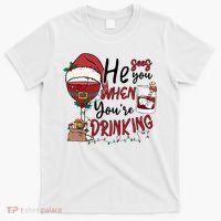 He Sees You When You're Drinking Funny Santa Hat Christmas Lights T-Shirt thumb 0