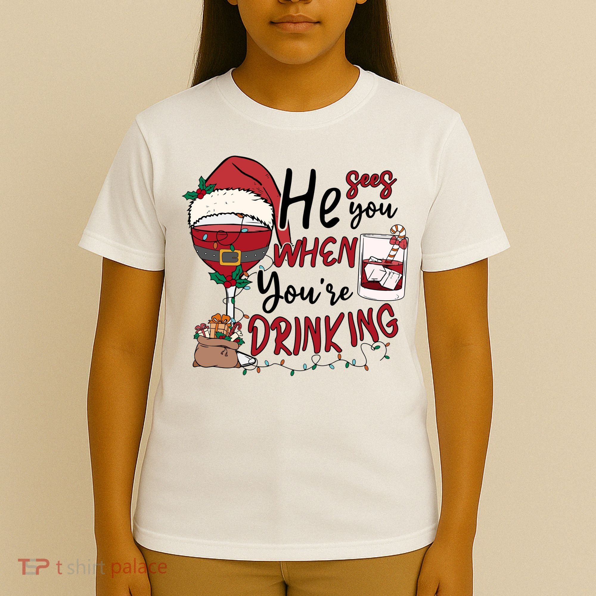 He Sees You When You're Drinking Funny Santa Hat Christmas Lights T-Shirt