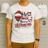 He Sees You When You're Drinking Funny Santa Hat Christmas Lights T-Shirt thumb 6