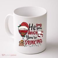 He Sees You When You're Drinking Funny Santa Hat Christmas Lights Coffee Mug thumb 0