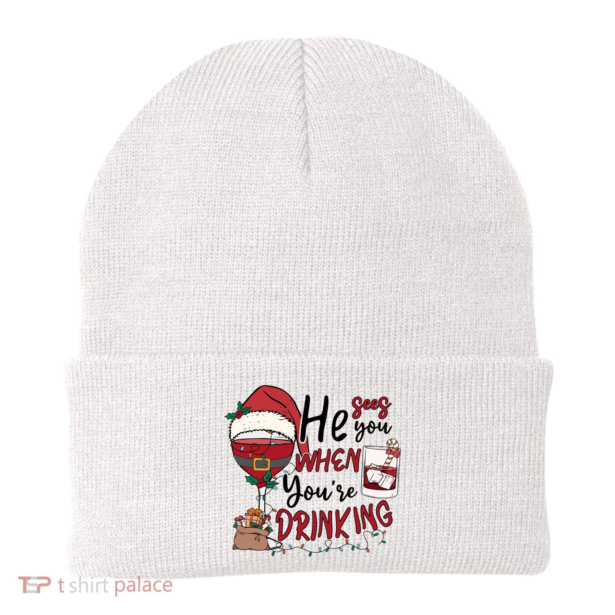 He Sees You When You're Drinking Funny Santa Hat Christmas Lights Beanie
