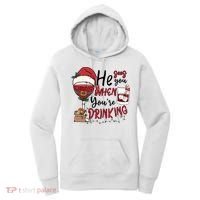 He Sees You When You're Drinking Funny Santa Hat Christmas Lights Women's Hoodie thumb 0