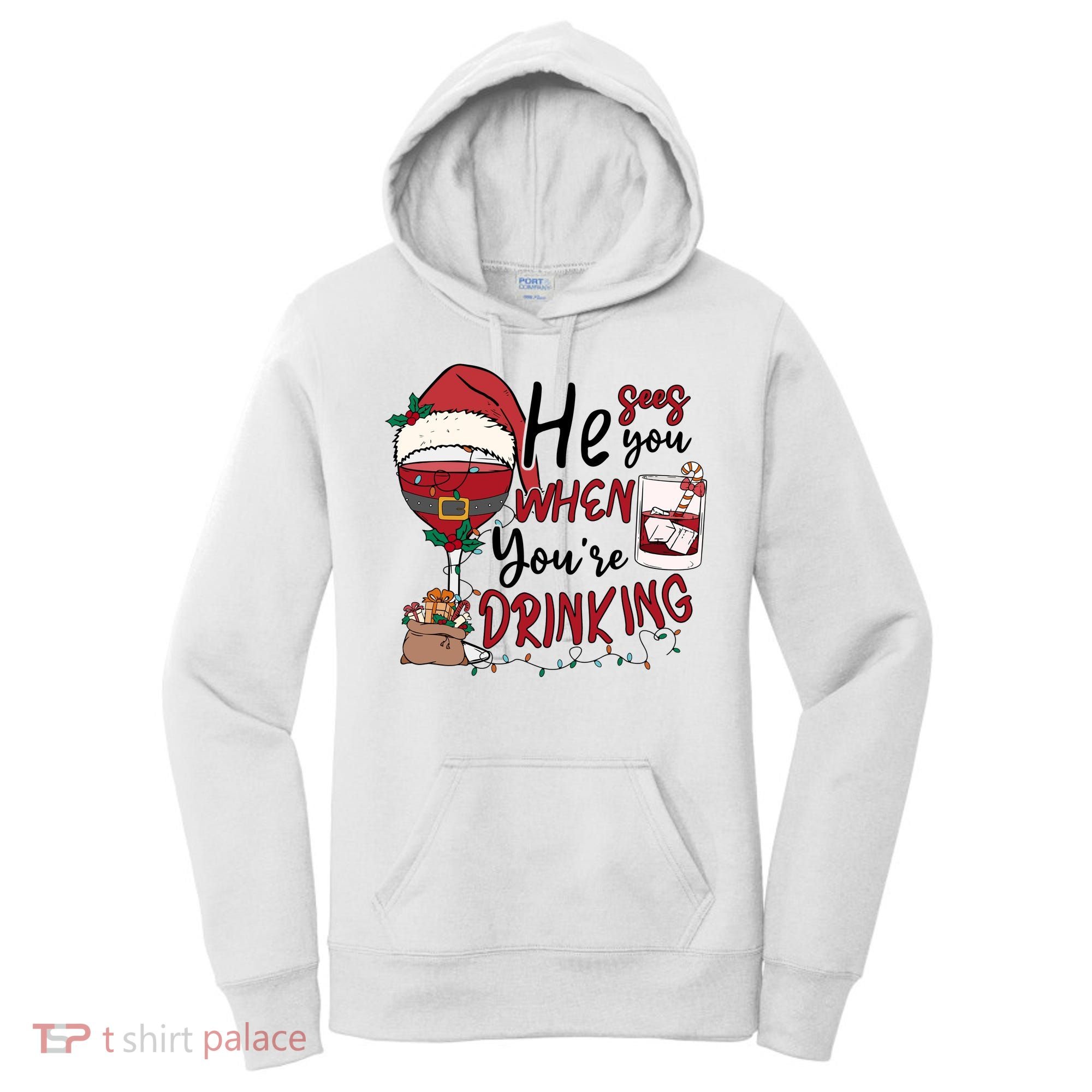 He Sees You When You're Drinking Funny Santa Hat Christmas Lights Women's Hoodie