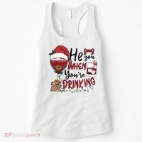 He Sees You When You're Drinking Funny Santa Hat Christmas Lights Women's Tank Top thumb 0