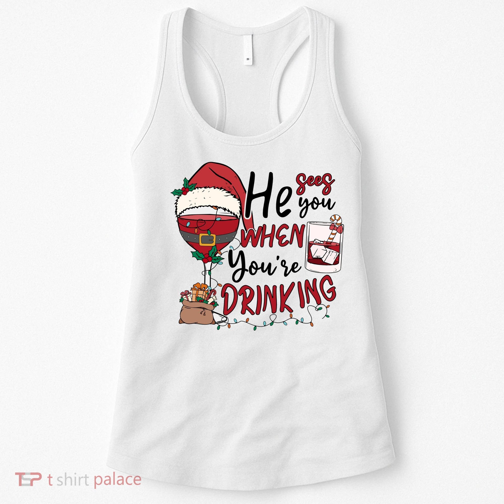 He Sees You When You're Drinking Funny Santa Hat Christmas Lights Women's Tank Top
