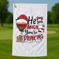 He Sees You When You're Drinking Funny Santa Hat Christmas Lights Golf Towel thumb 1
