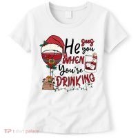 He Sees You When You're Drinking Funny Santa Hat Christmas Lights Women's T-Shirt thumb 0