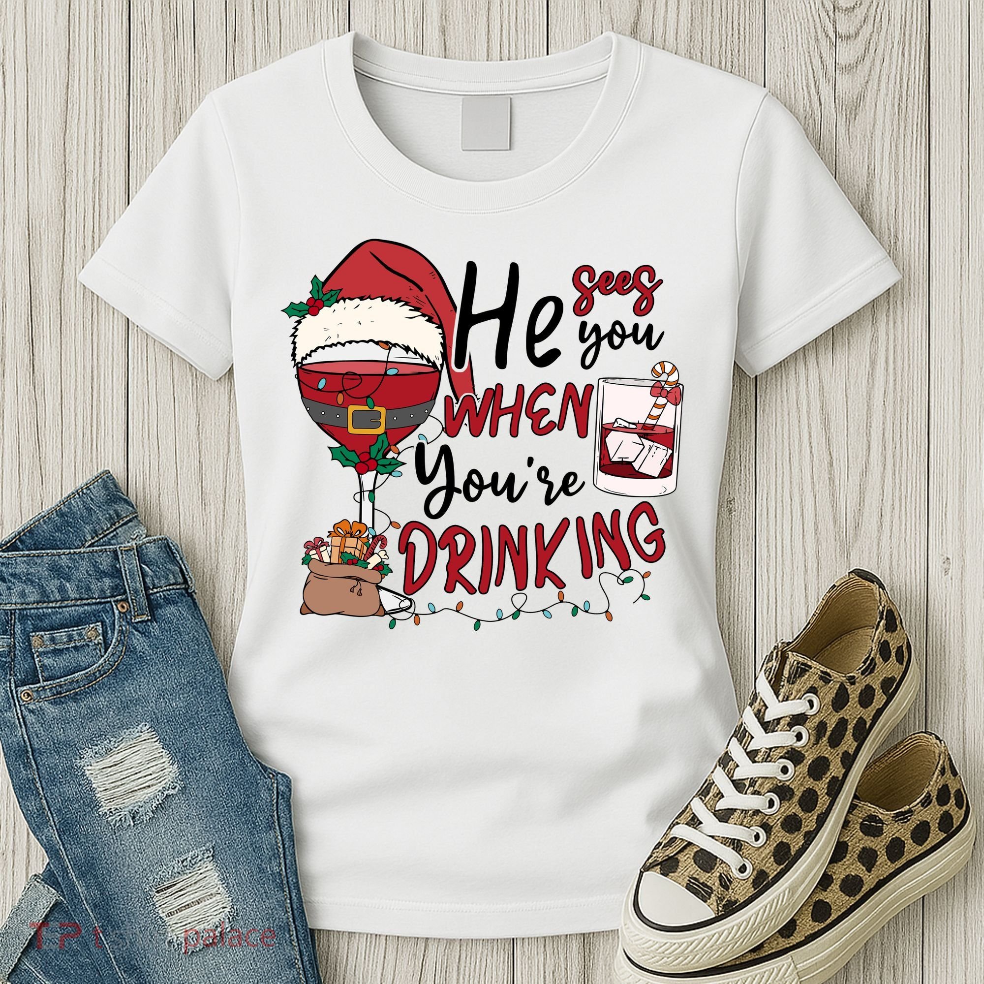 He Sees You When You're Drinking Funny Santa Hat Christmas Lights Women's T-Shirt