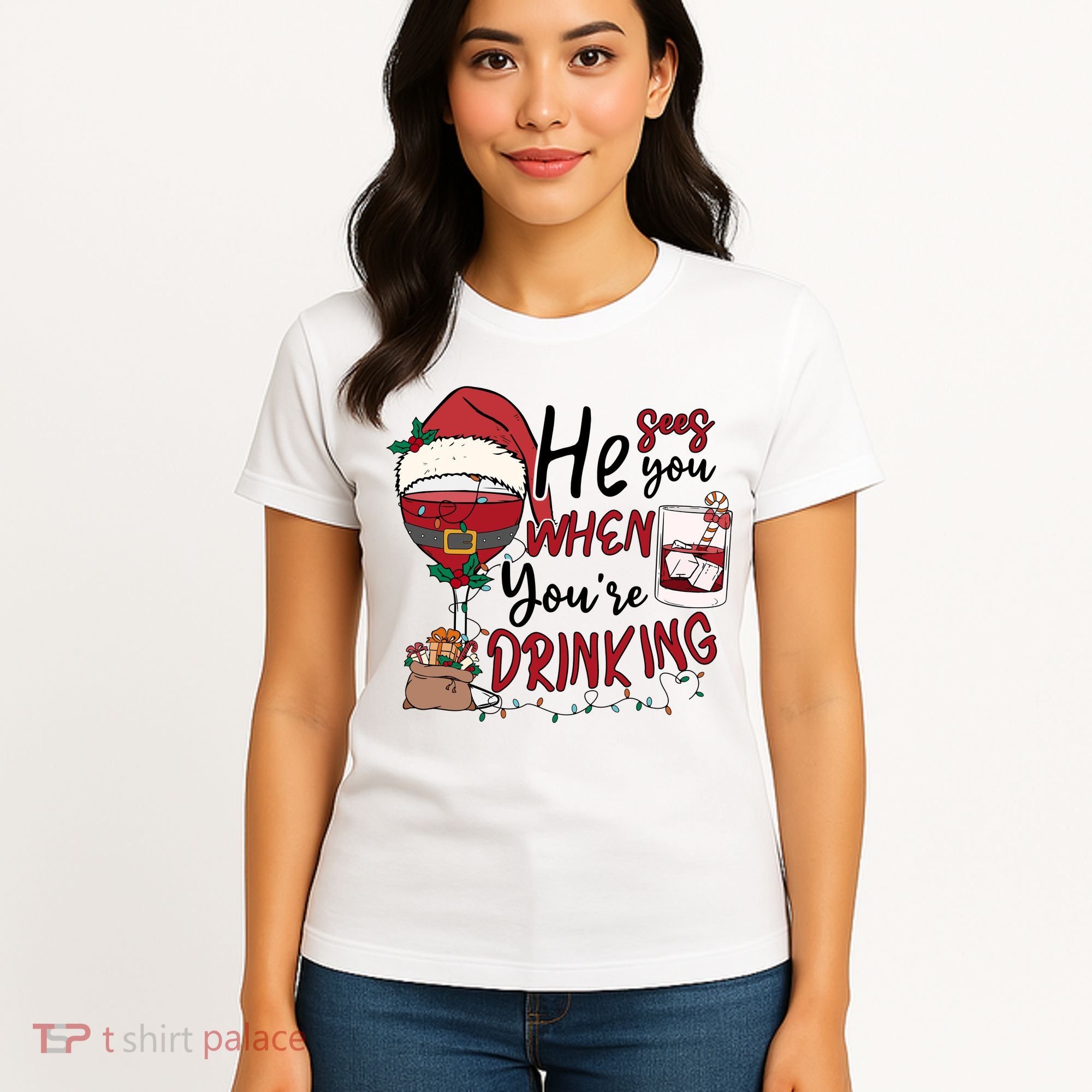 He Sees You When You're Drinking Funny Santa Hat Christmas Lights Women's T-Shirt