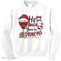 He Sees You When You're Drinking Funny Santa Hat Christmas Lights Kids Sweatshirt thumb 0