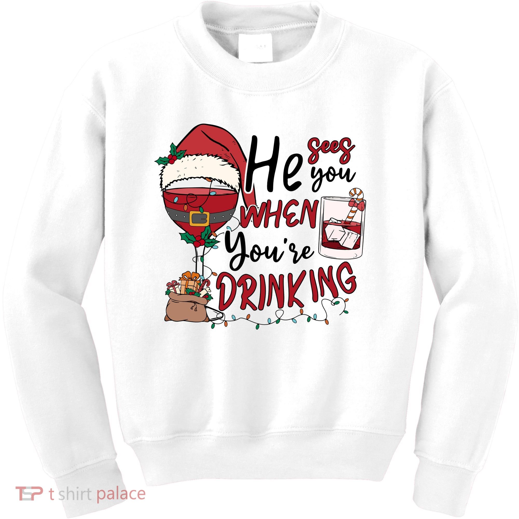 He Sees You When You're Drinking Funny Santa Hat Christmas Lights Kids Sweatshirt