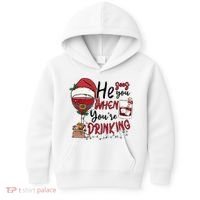 He Sees You When You're Drinking Funny Santa Hat Christmas Lights Kids Hoodie thumb 0