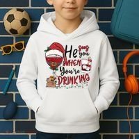 He Sees You When You're Drinking Funny Santa Hat Christmas Lights Kids Hoodie thumb 2