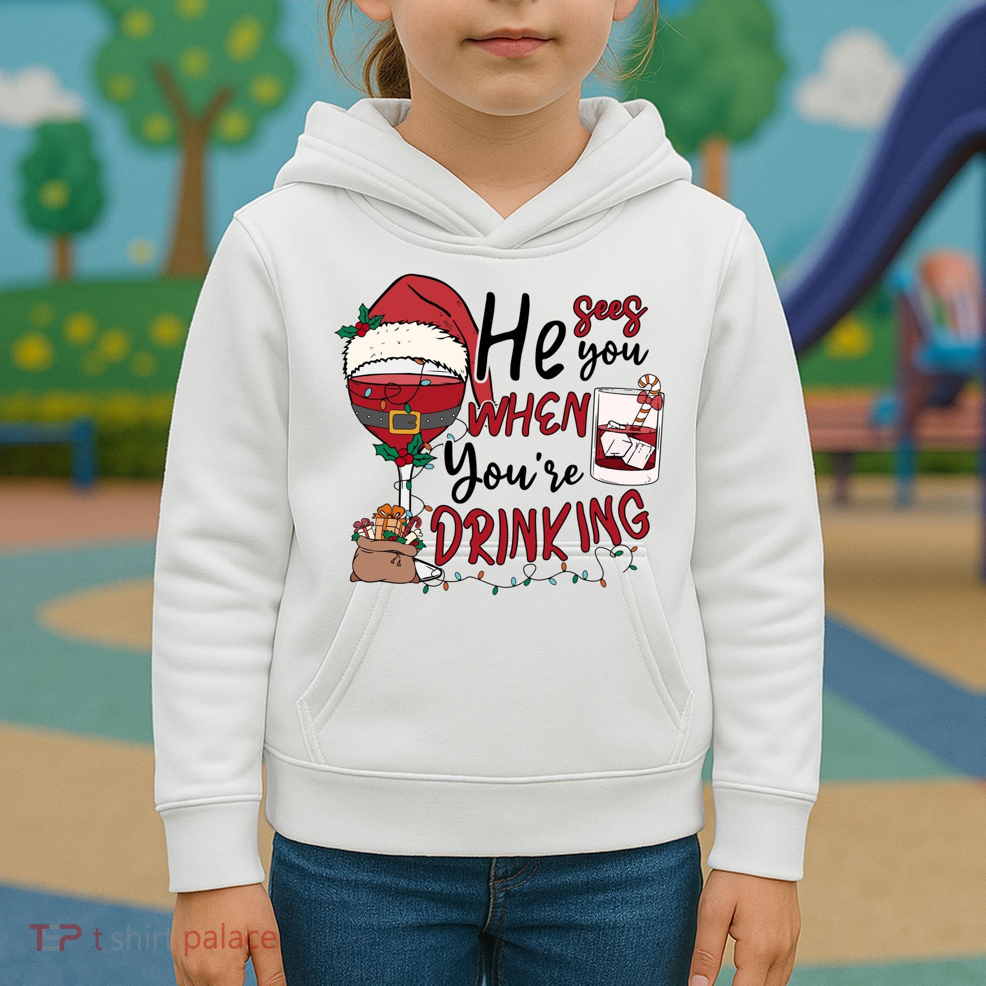 He Sees You When You're Drinking Funny Santa Hat Christmas Lights Kids Hoodie