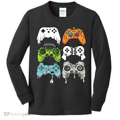 Halloween Skeleton Zombie Gaming Controllers Mummy Game Boy Kids Long Sleeve Shirt
