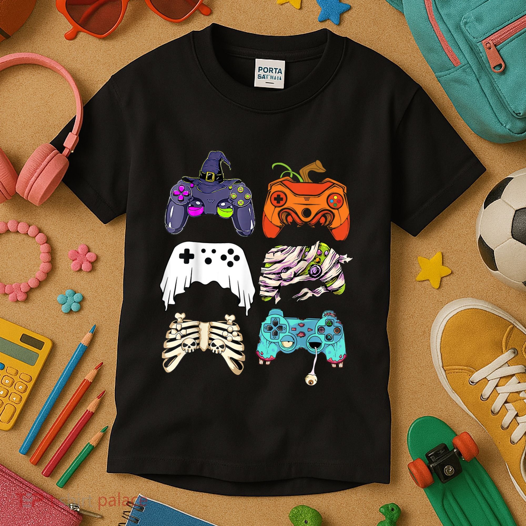 Halloween Skeleton Zombie Gaming Controllers Mummy Kids T-Shirt