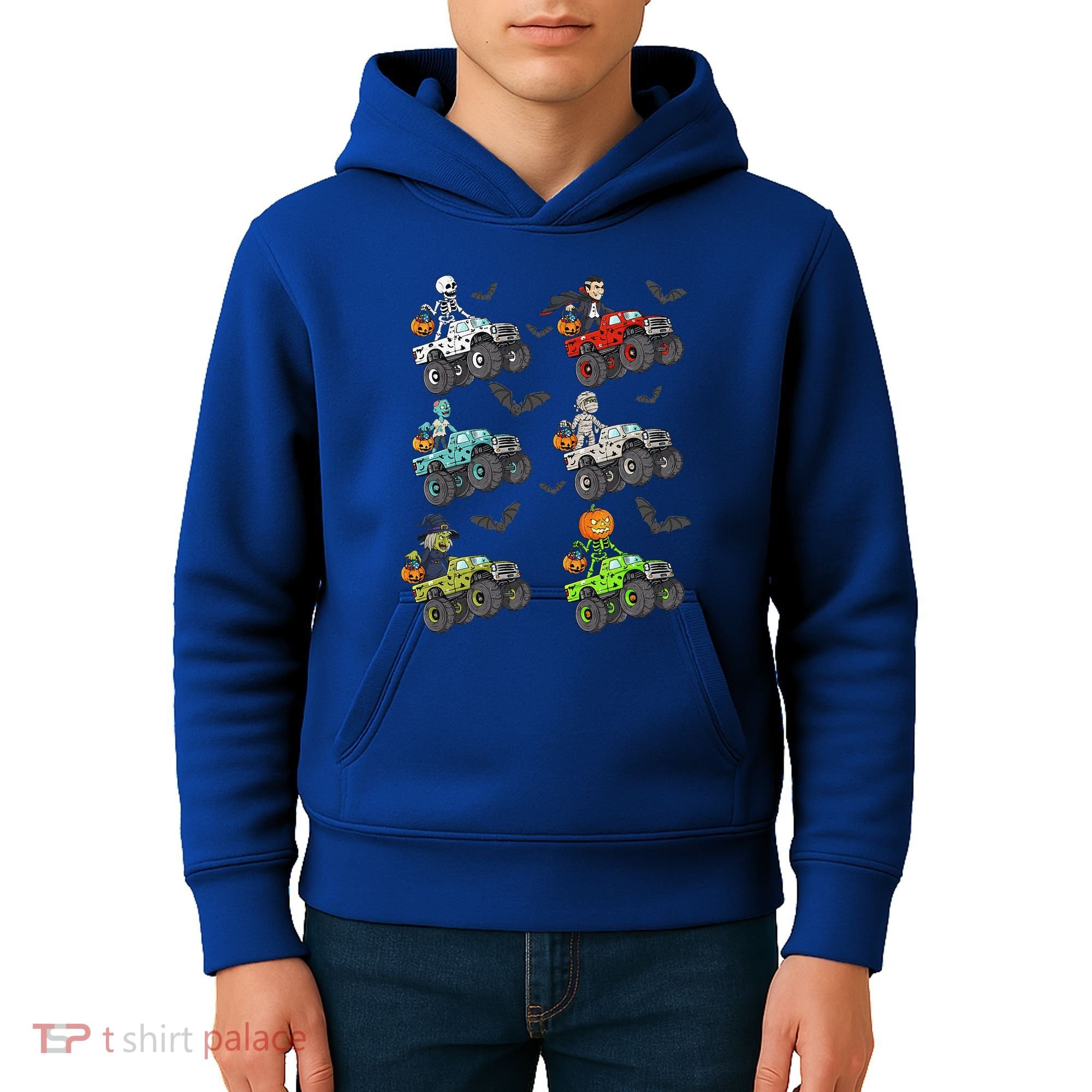 Halloween Skeleton Zombie Riding Monster Truck Vampire Kids Hoodie