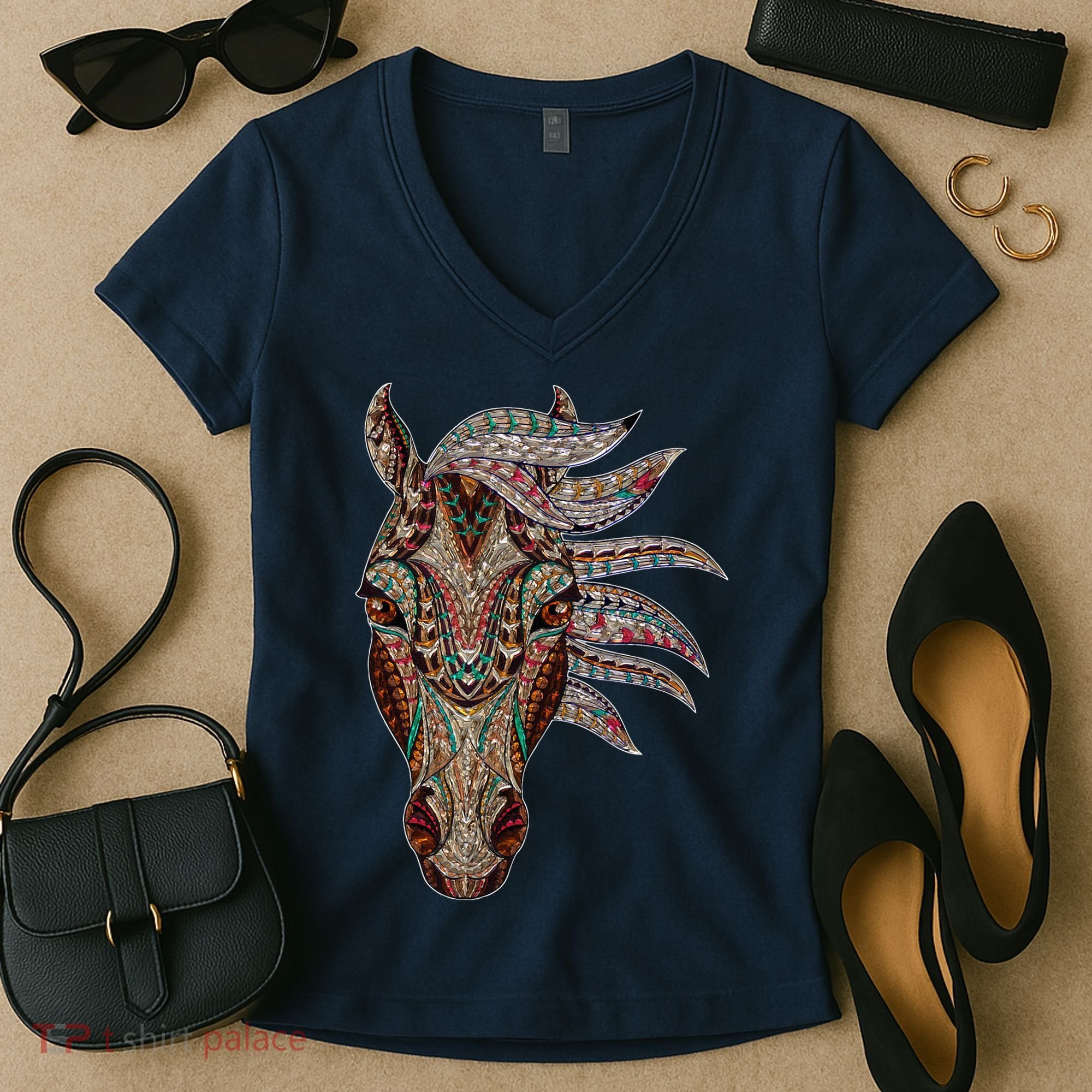 Horse Tribal Abstract Art Native American Geometric Horse Women's V-Neck T-Shirt