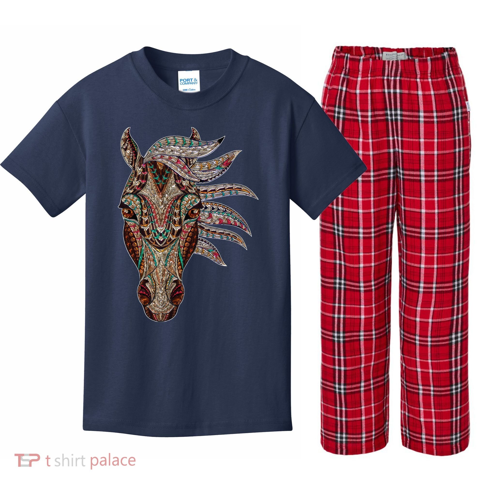 Horse Tribal Abstract Art Native American Geometric Horse Kids Plaid Pajama Set