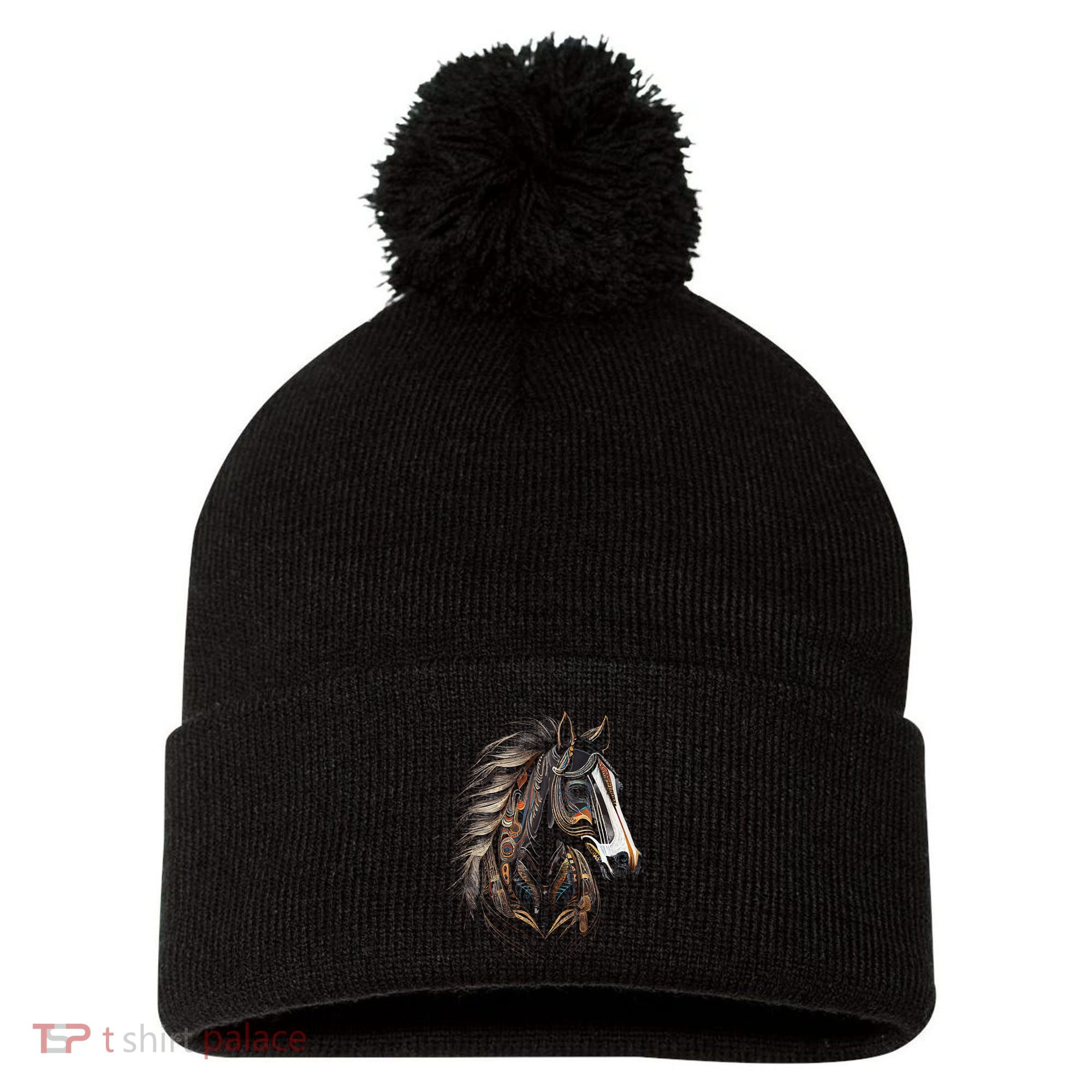 Horse Tribal Abstract Art Native American Graphic Pom Pom 12in Knit Beanie